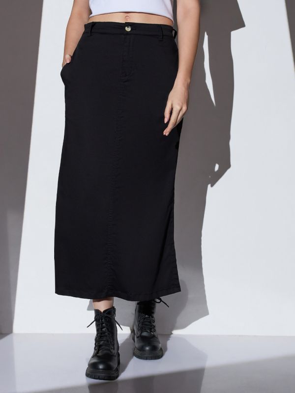 Globus Women Black Mid-Rise Solid Side Slit Straight Midi Denim Skirt