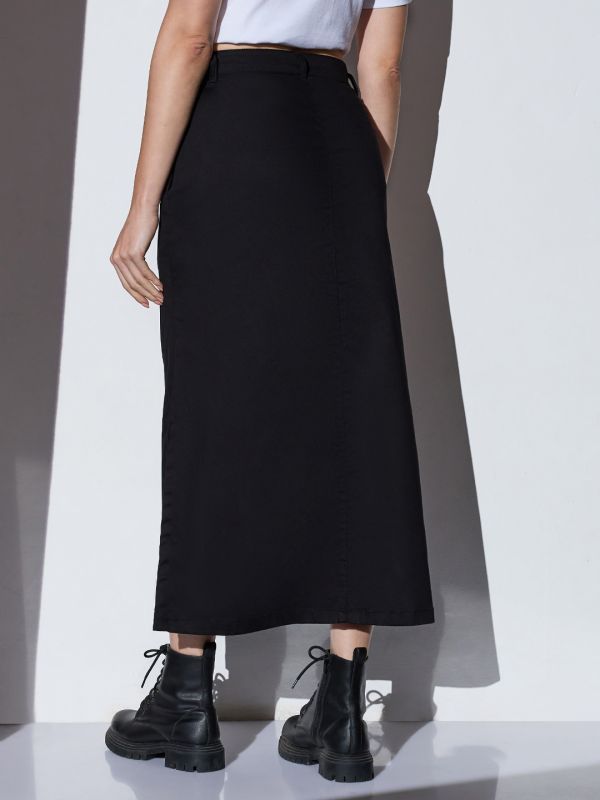 Globus Women Black Mid-Rise Solid Side Slit Straight Midi Denim Skirt