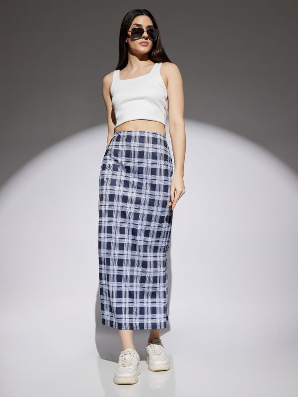 Globus Women Navy & White Checks Print Mid Rise Side Slit Pencil Midi Skirt