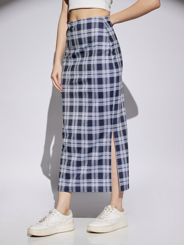 Globus Women Navy & White Checks Print Mid Rise Side Slit Pencil Midi Skirt