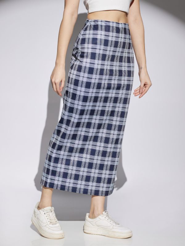 Globus Women Navy & White Checks Print Mid Rise Side Slit Pencil Midi Skirt