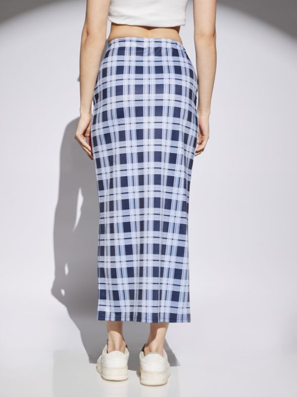 Globus Women Navy & White Checks Print Mid Rise Side Slit Pencil Midi Skirt
