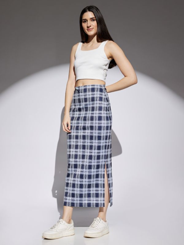 Globus Women Navy & White Checks Print Mid Rise Side Slit Pencil Midi Skirt