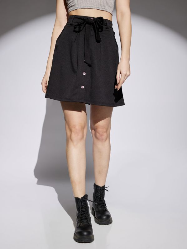 Globus Women Black Mid Rise Waist Tie-Ups Pleated A-Line Mini Skirt