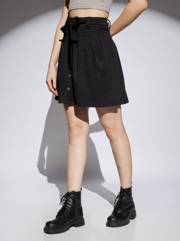 Globus Women Black Mid Rise Waist Tie-Ups Pleated A-Line Mini Skirt