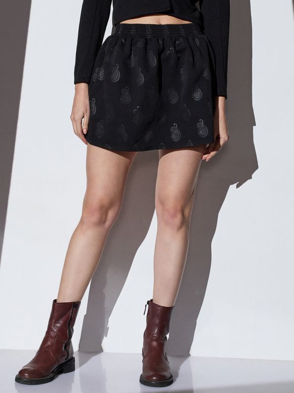 Globus Women Black Mid-Rise Self Design Paisley Mini A-Line Party Skirt