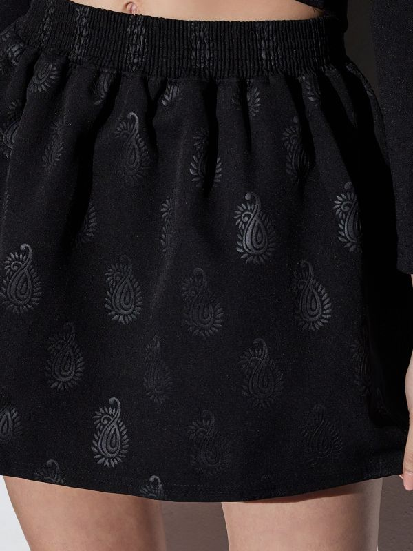 Globus Women Black Mid-Rise Self Design Paisley Mini A-Line Party Skirt