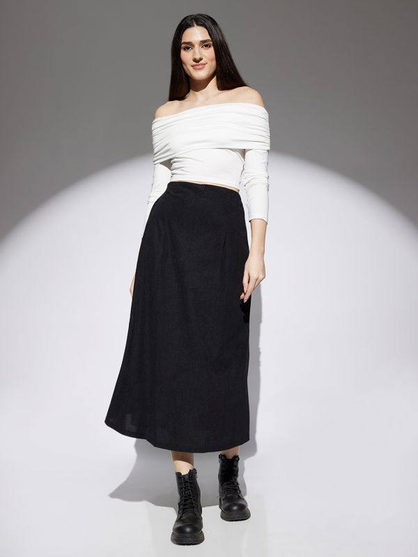 Globus Women Black Self Design Mid Rise Flared A-Line Midi Skirt