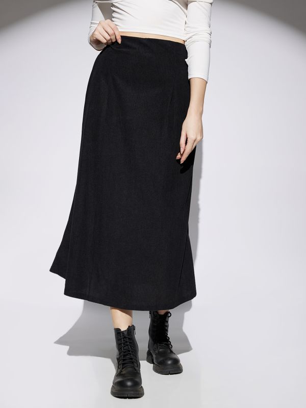 Globus Women Black Self Design Mid Rise Flared A-Line Midi Skirt