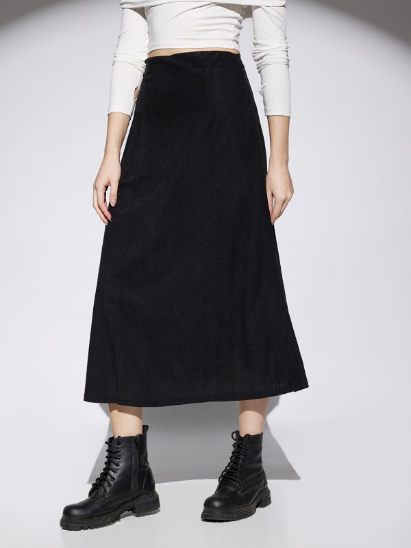 Globus Women Black Self Design Mid Rise Flared A-Line Midi Skirt