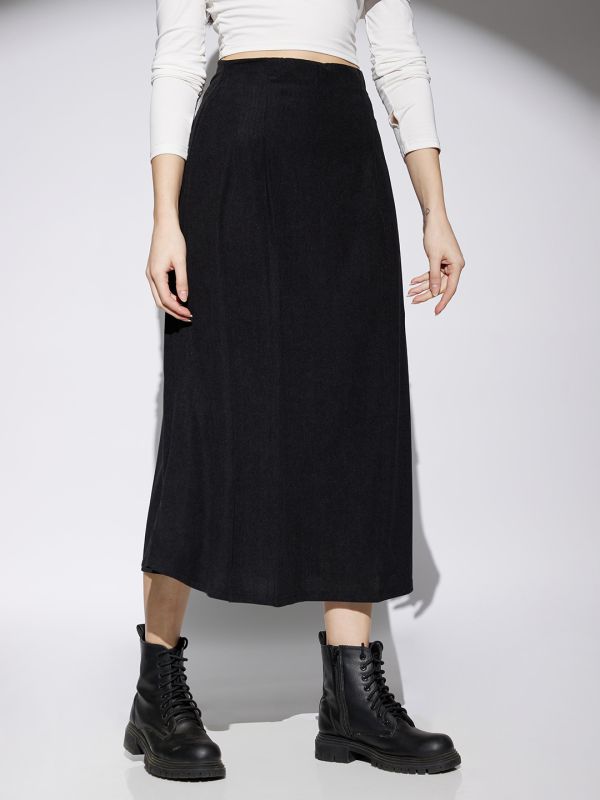 Globus Women Black Self Design Mid Rise Flared A-Line Midi Skirt