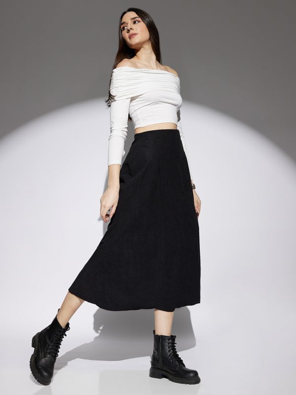 Globus Women Black Self Design Mid Rise Flared A-Line Midi Skirt