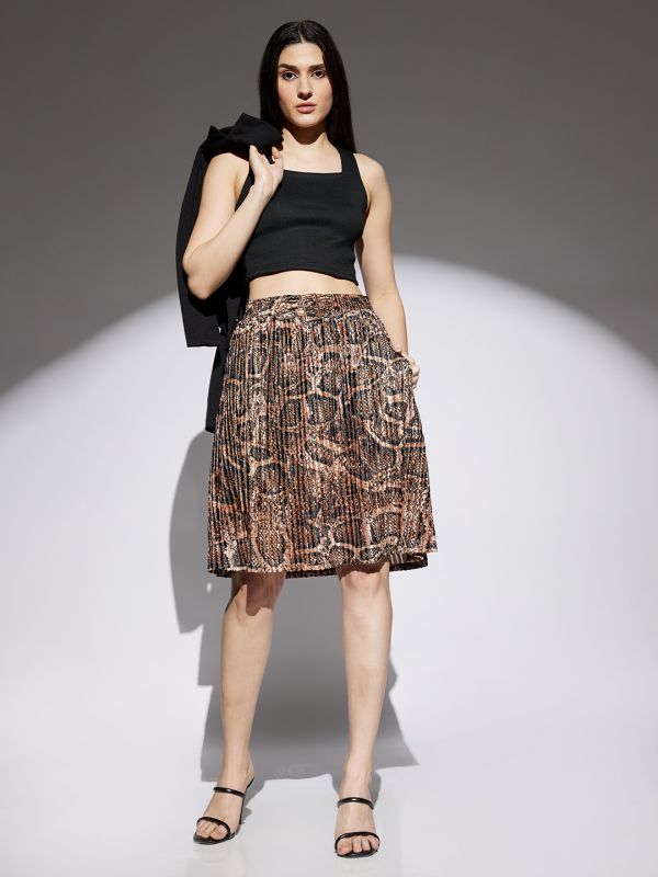 Globus Women Gold Animal Print Accordion Pleated Mid Rise Flared Skirt