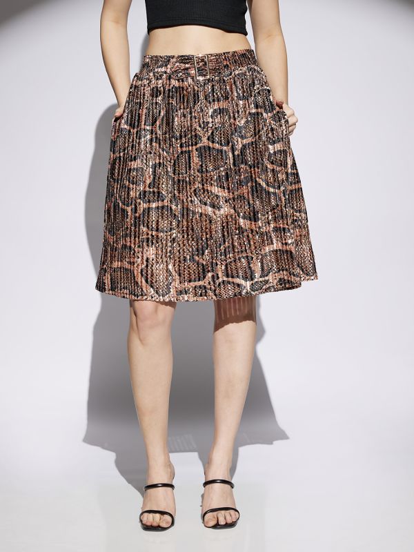 Globus Women Gold Animal Print Accordion Pleated Mid Rise Flared Skirt