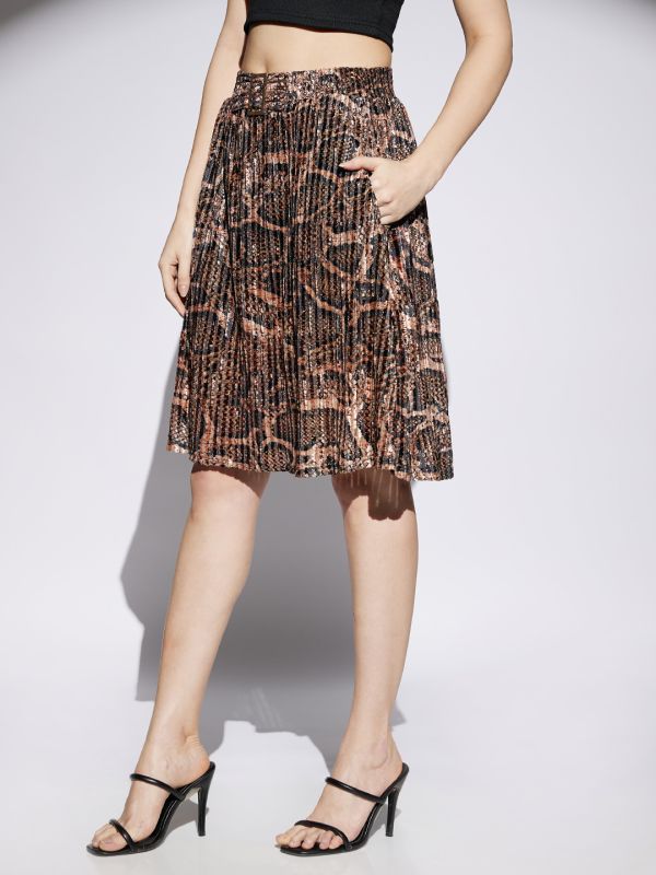 Globus Women Gold Animal Print Accordion Pleated Mid Rise Flared Skirt