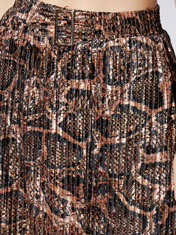 Globus Women Gold Animal Print Accordion Pleated Mid Rise Flared Skirt