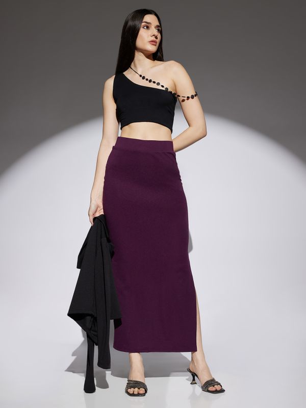 Globus Women Wine Shimmer Detail High Rise Side Slit Snug Fit Pencil Maxi Party Skirt