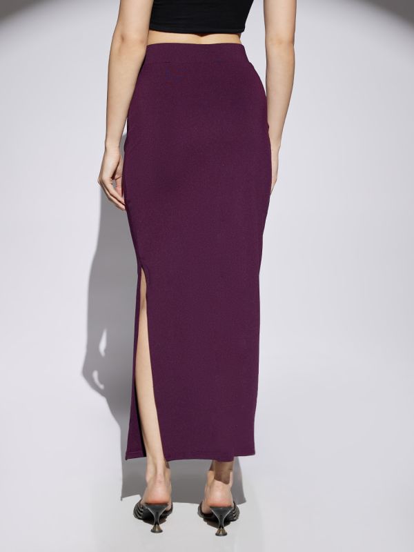 Globus Women Wine Shimmer Detail High Rise Side Slit Snug Fit Pencil Maxi Party Skirt