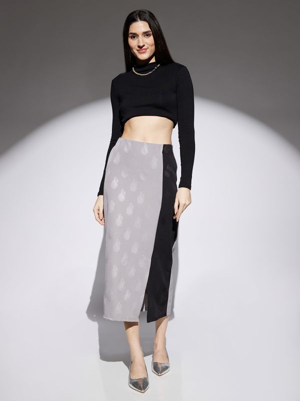 Globus Women Grey & Black Paisley Print Mid Rise Front Slit Midi Skirt