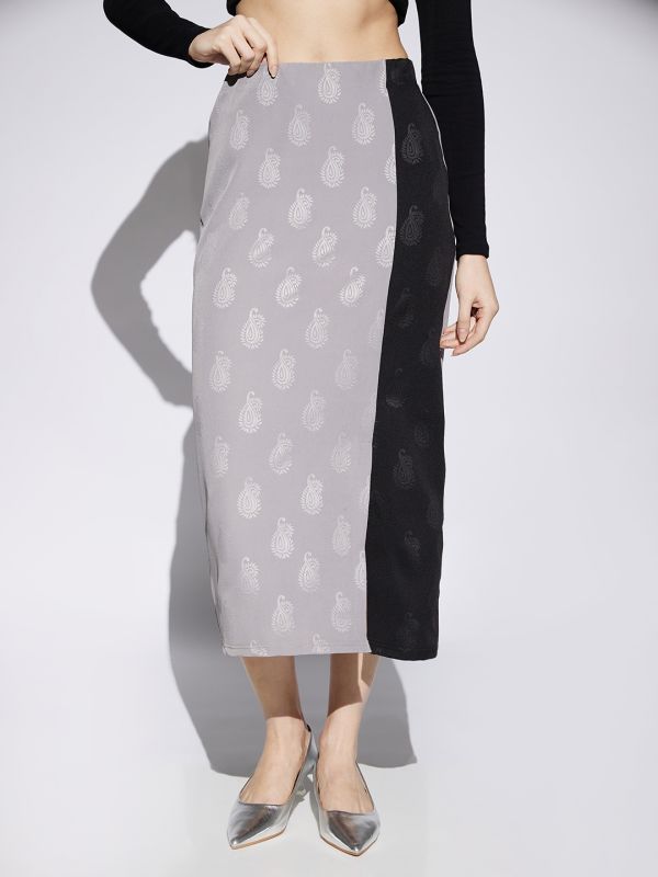Globus Women Grey & Black Paisley Print Mid Rise Front Slit Midi Skirt