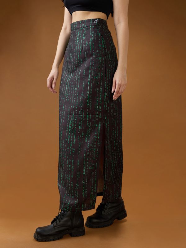 Globus Women Black & Green Digital Print Mid-Rise Side Slit Straight Midi Skirt