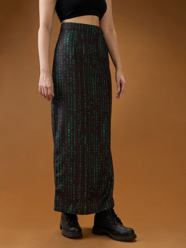 Globus Women Black & Green Digital Print Mid-Rise Side Slit Straight Midi Skirt