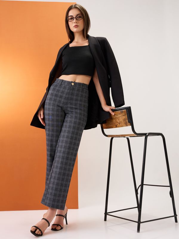 Globus Women Grey Checkered Self Design Mid-Rise Straight Fit Formal Trousers