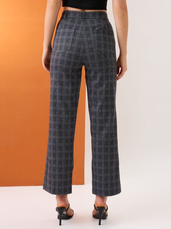 Globus Women Grey Checkered Self Design Mid-Rise Straight Fit Formal Trousers