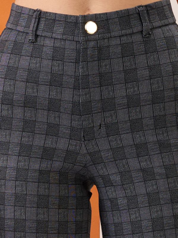 Globus Women Grey Checkered Self Design Mid-Rise Straight Fit Formal Trousers