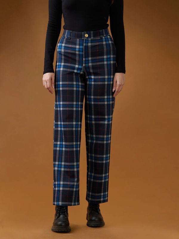 Globus Women Blue Checks Mid Rise Straight Fit Formal Trousers