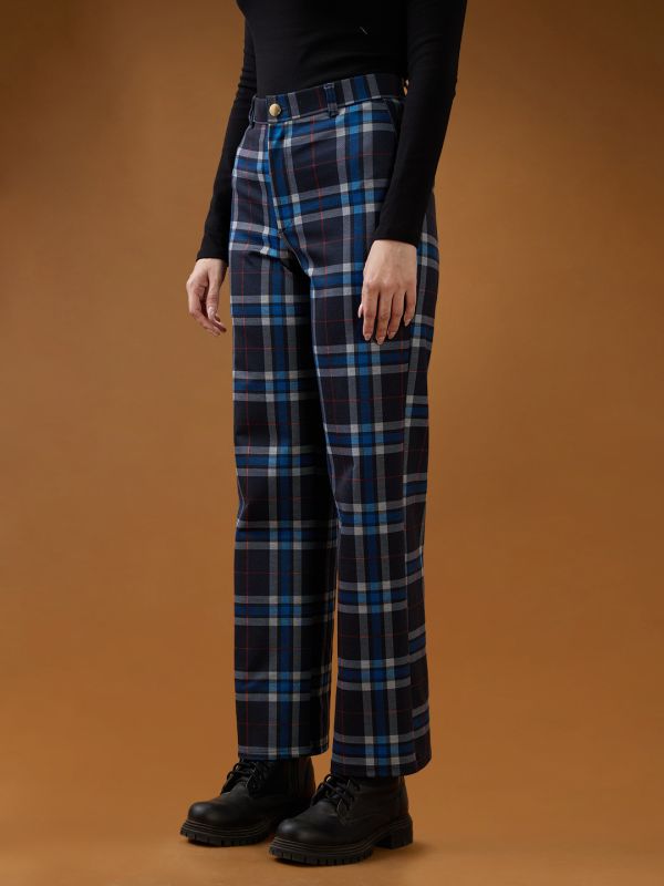 Globus Women Blue Checks Mid Rise Straight Fit Formal Trousers