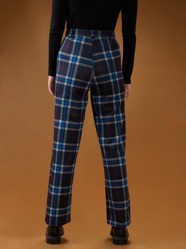 Globus Women Blue Checks Mid Rise Straight Fit Formal Trousers