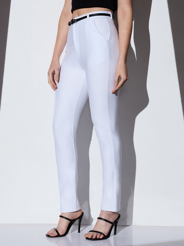 Globus Women White Mid-Rise Solid Stretchable Slim Fit Formal Trousers With Belt