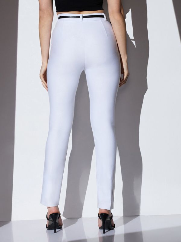 Globus Women White Mid-Rise Solid Stretchable Slim Fit Formal Trousers With Belt