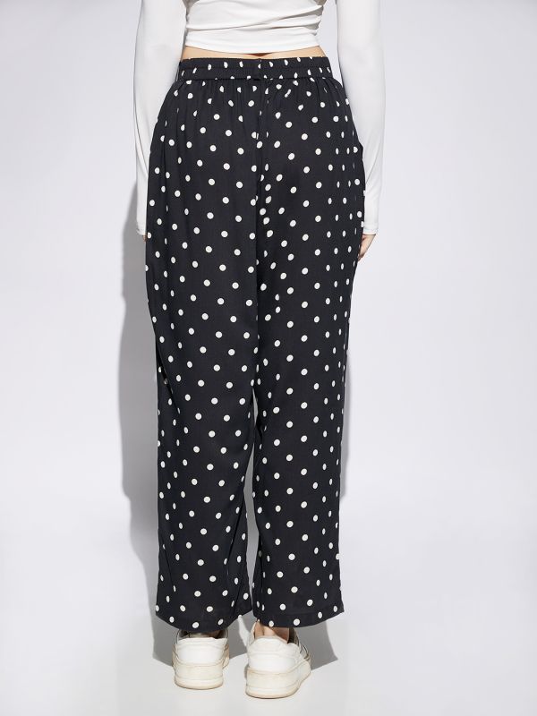 Globus Women Black Polka Dot Print Mid Rise Pleated Pocket Detail Wide Leg Trousers