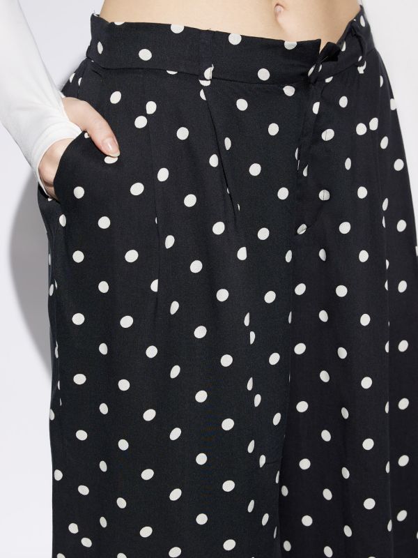 Globus Women Black Polka Dot Print Mid Rise Pleated Pocket Detail Wide Leg Trousers
