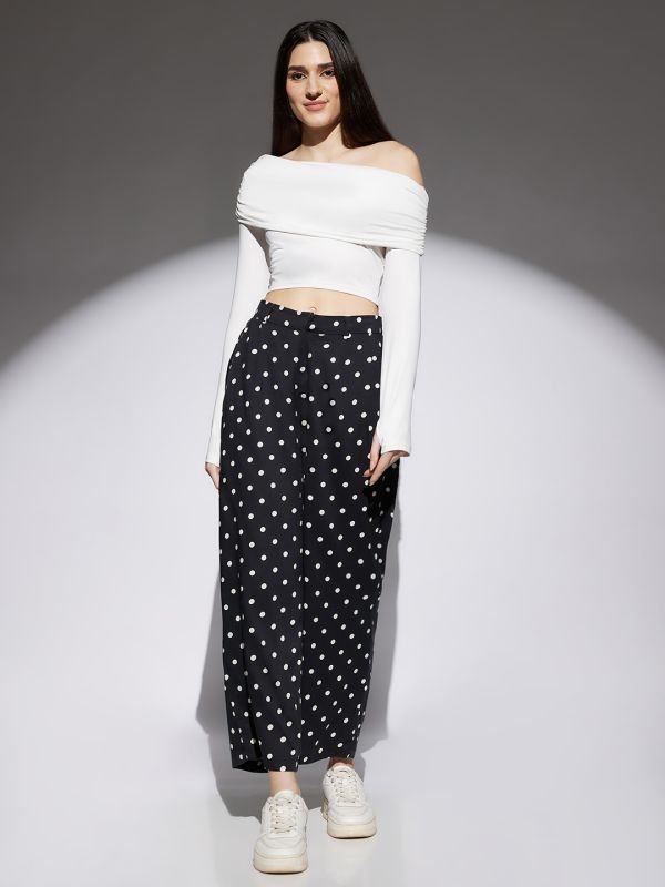 Globus Women Black Polka Dot Print Mid Rise Pleated Pocket Detail Wide Leg Trousers