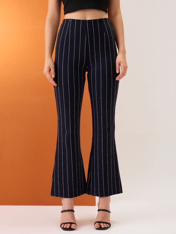 Globus Women Navy Striped Mid-Rise Stretchable Bootcut Trousers