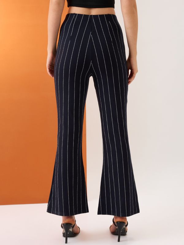 Globus Women Navy Striped Mid-Rise Stretchable Bootcut Trousers