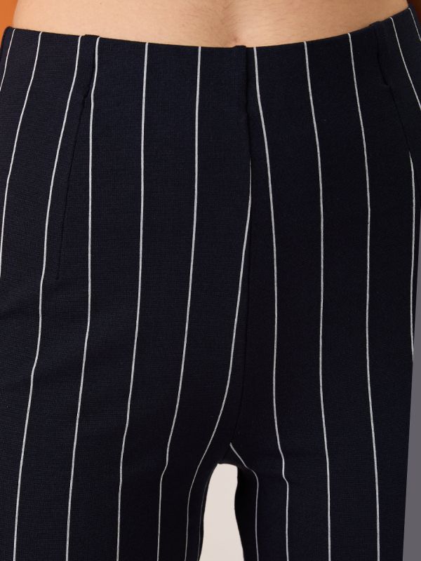 Globus Women Navy Striped Mid-Rise Stretchable Bootcut Trousers