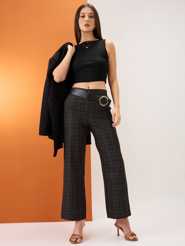 Globus Women Plaid Checks Mid-Rise Elasticated Back Straight Fit Formal Trousers