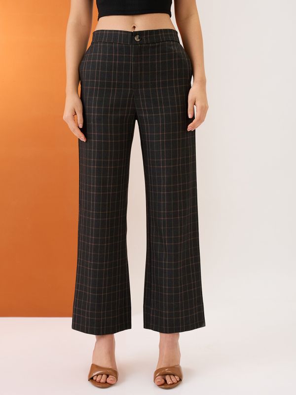 Globus Women Plaid Checks Mid-Rise Elasticated Back Straight Fit Formal Trousers