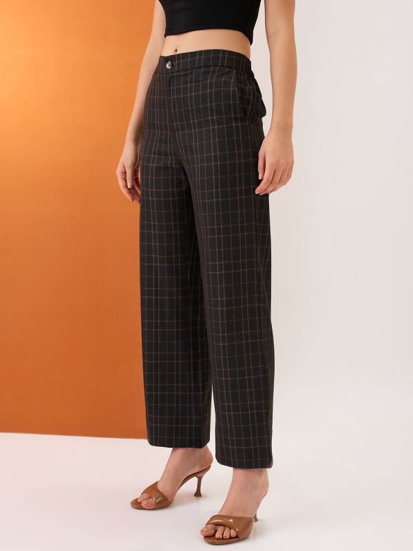 Globus Women Plaid Checks Mid-Rise Elasticated Back Straight Fit Formal Trousers