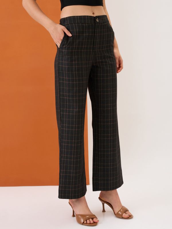 Globus Women Plaid Checks Mid-Rise Elasticated Back Straight Fit Formal Trousers