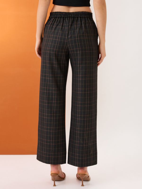 Globus Women Plaid Checks Mid-Rise Elasticated Back Straight Fit Formal Trousers