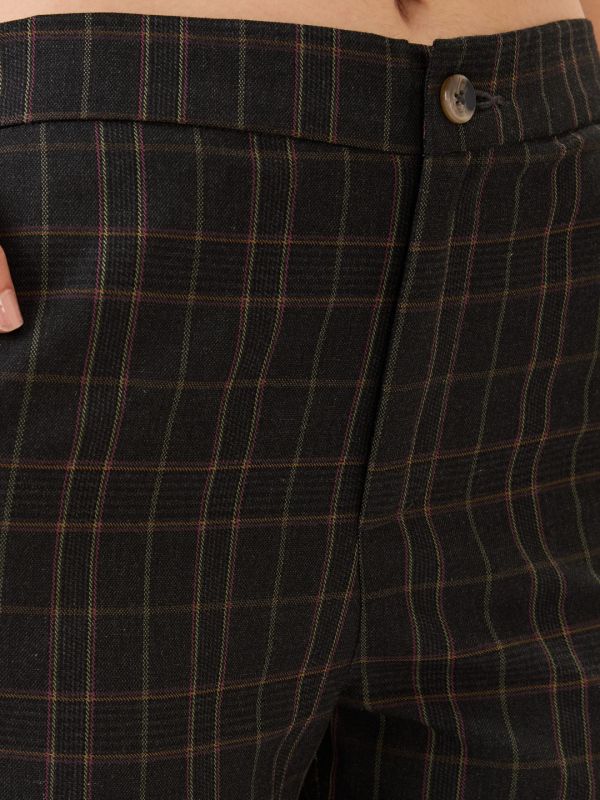 Globus Women Plaid Checks Mid-Rise Elasticated Back Straight Fit Formal Trousers