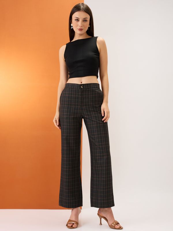 Globus Women Plaid Checks Mid-Rise Elasticated Back Straight Fit Formal Trousers