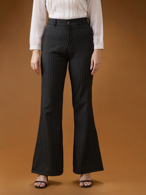Globus Women Grey Striped Mid Rise Tapered Fit Bootcut Formal Trousers