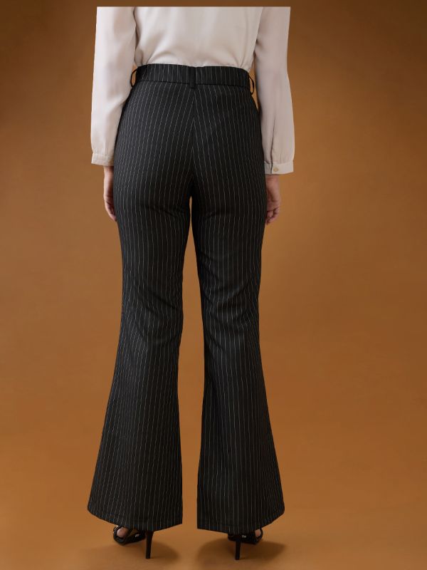 Globus Women Grey Striped Mid Rise Tapered Fit Bootcut Formal Trousers