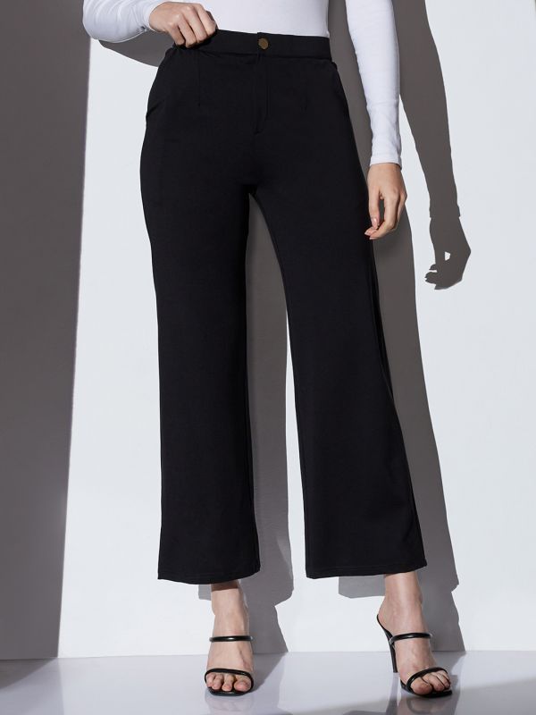 Globus Women Black Mid-Rise Solid Wide Leg Formal Trousers